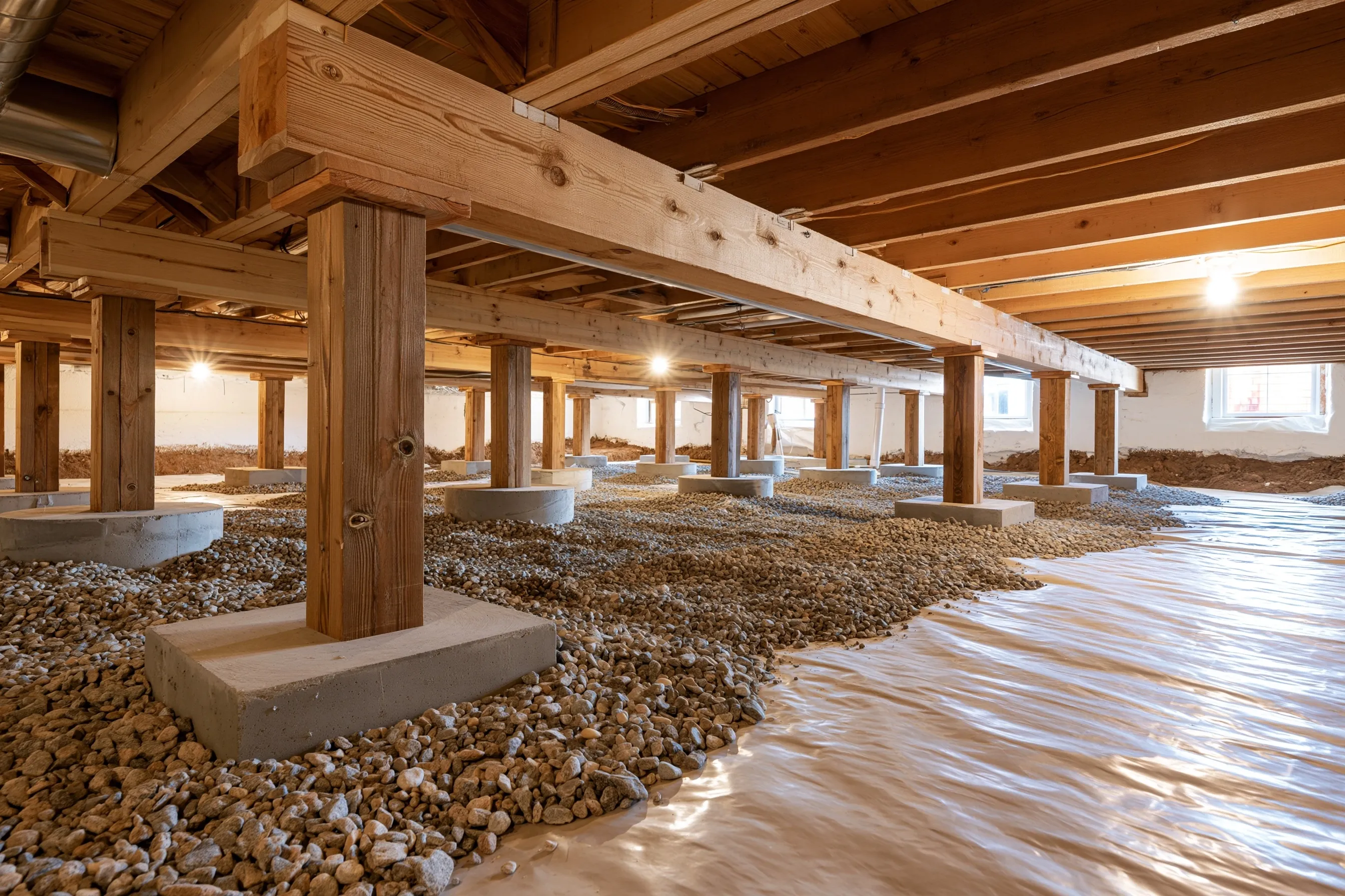 Inside a crawlspace: new pressure-treated posts on fresh concrete pads supporting a straight wood girder under floor joists, with clean gravel and a vapor barrier below