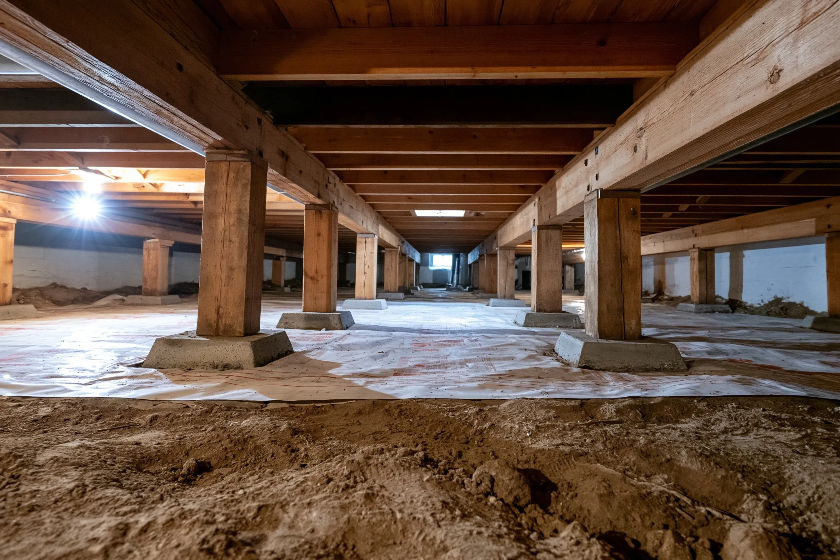 Low-angle view inside a crawlspace of a house: a row of timber posts on concrete pads holding wood girders and joists over bare soil partly covered by a vapor barrier