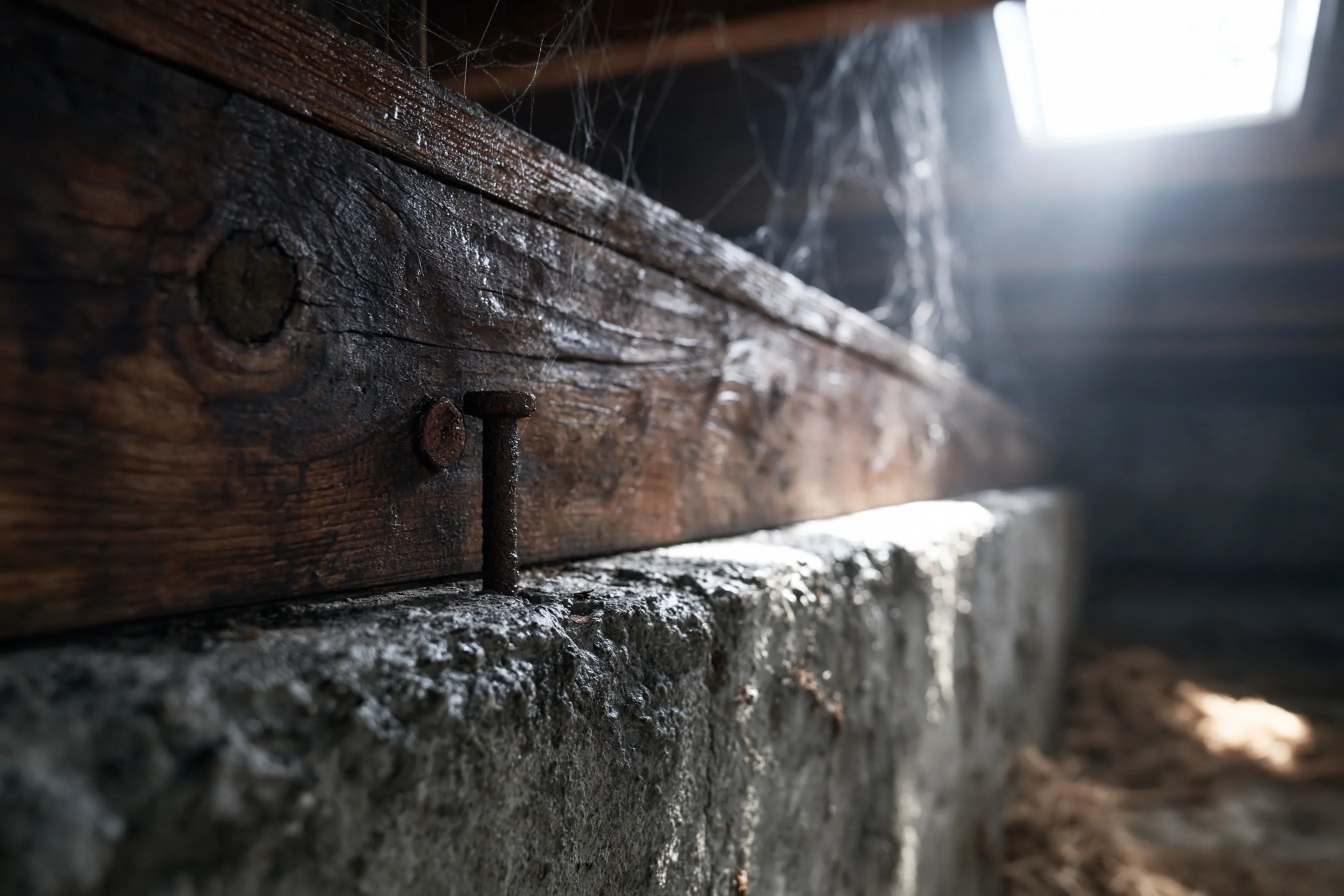 Close view of a dark, damp-looking sill plate and joist on top of a concrete stem wall with a rusted nail or bolt standing in the concrete, cobwebs and light from a vent
