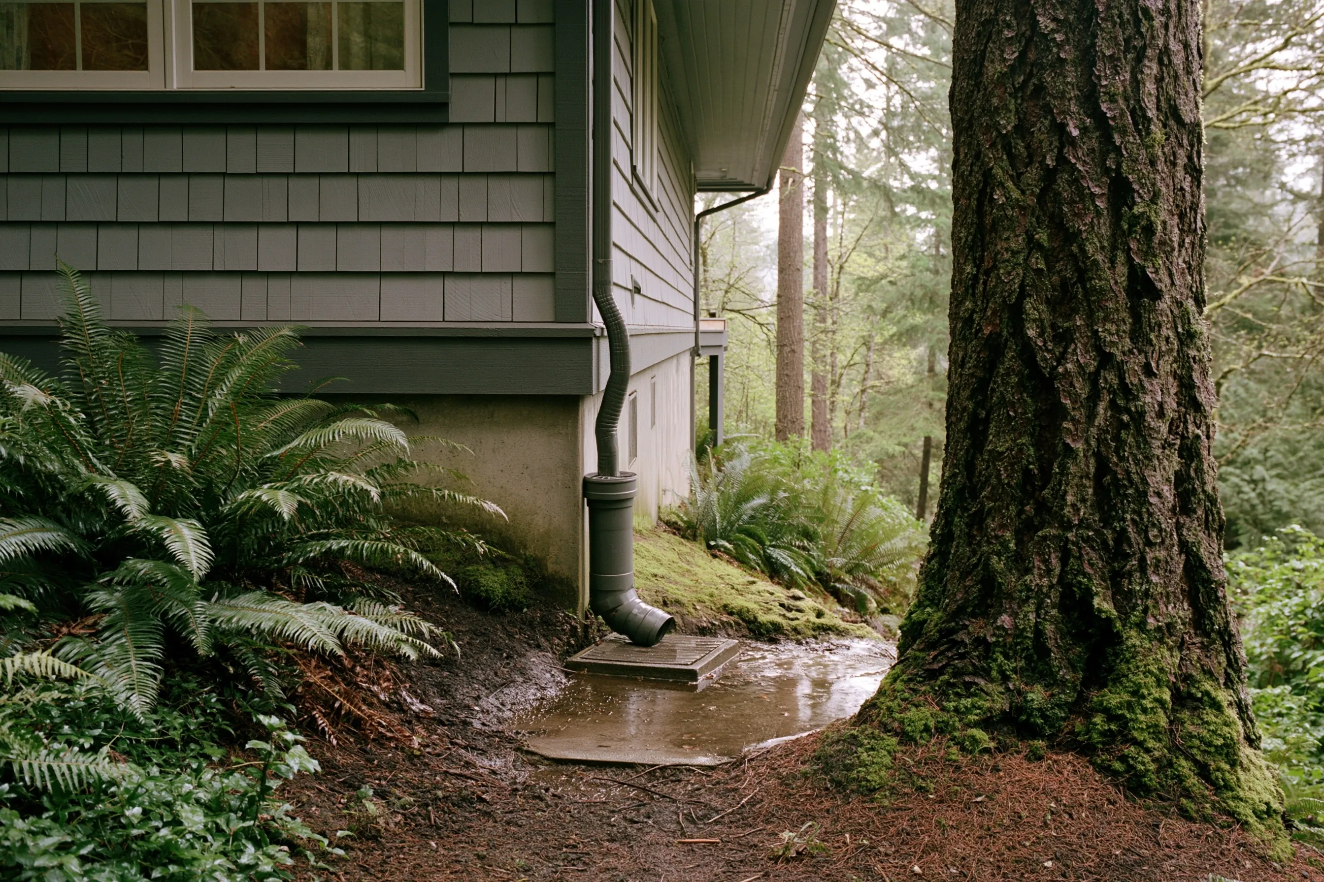 House corner on a wooded slope where a downspout drains onto a splash block and water pools beside the concrete foundation