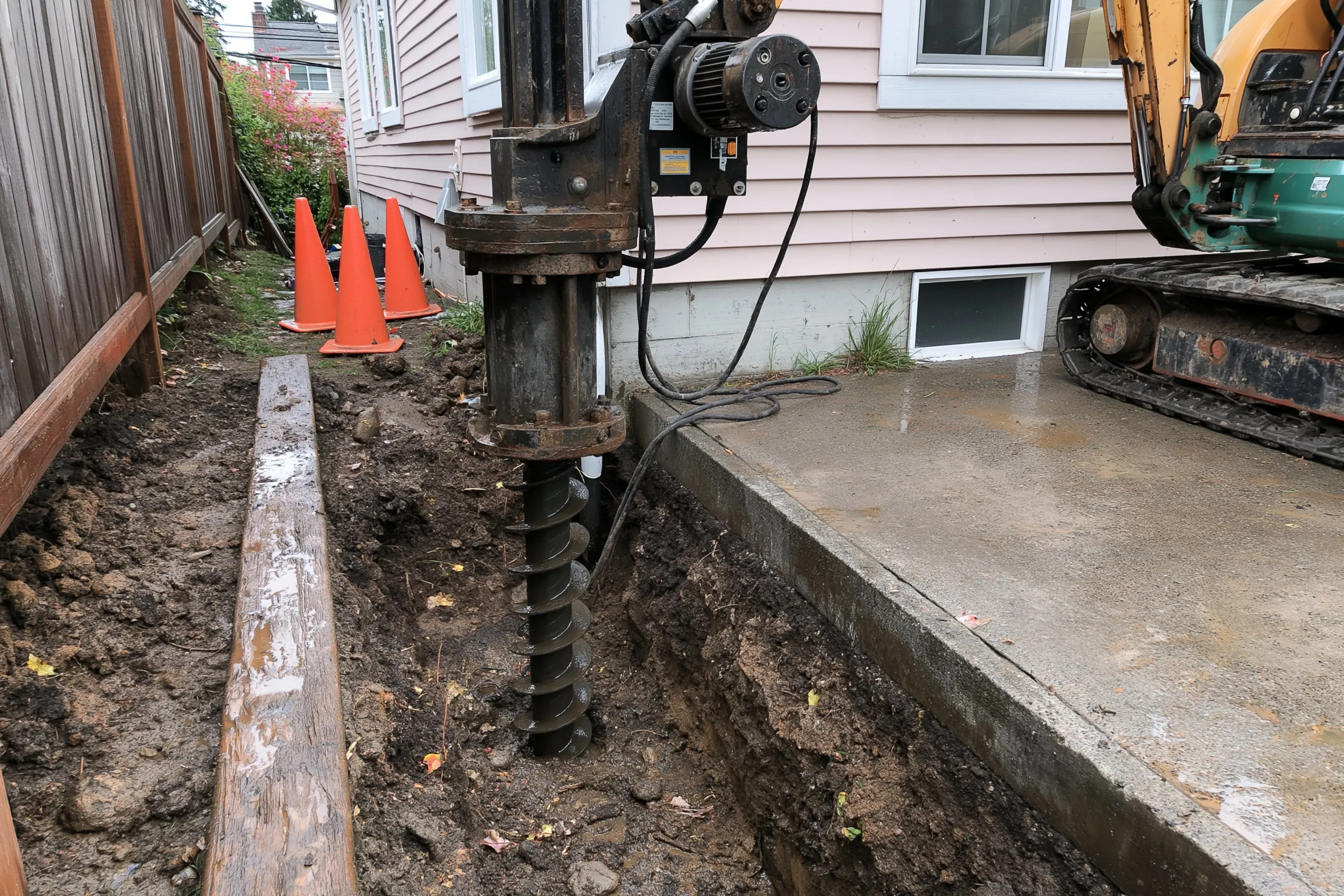 Hydraulic drive head and torque motor on a compact excavator beside a house foundation, a steel helical shaft being turned into a trench dug beside the footing