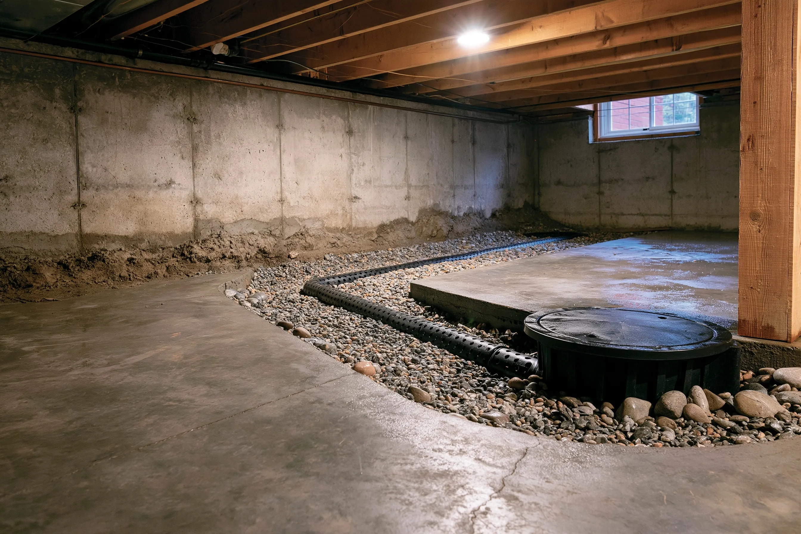 Basement with exposed joists and poured-concrete walls, a black perforated pipe in a gravel channel along the wall base leading to a round lidded basin, with new concrete floor beside it