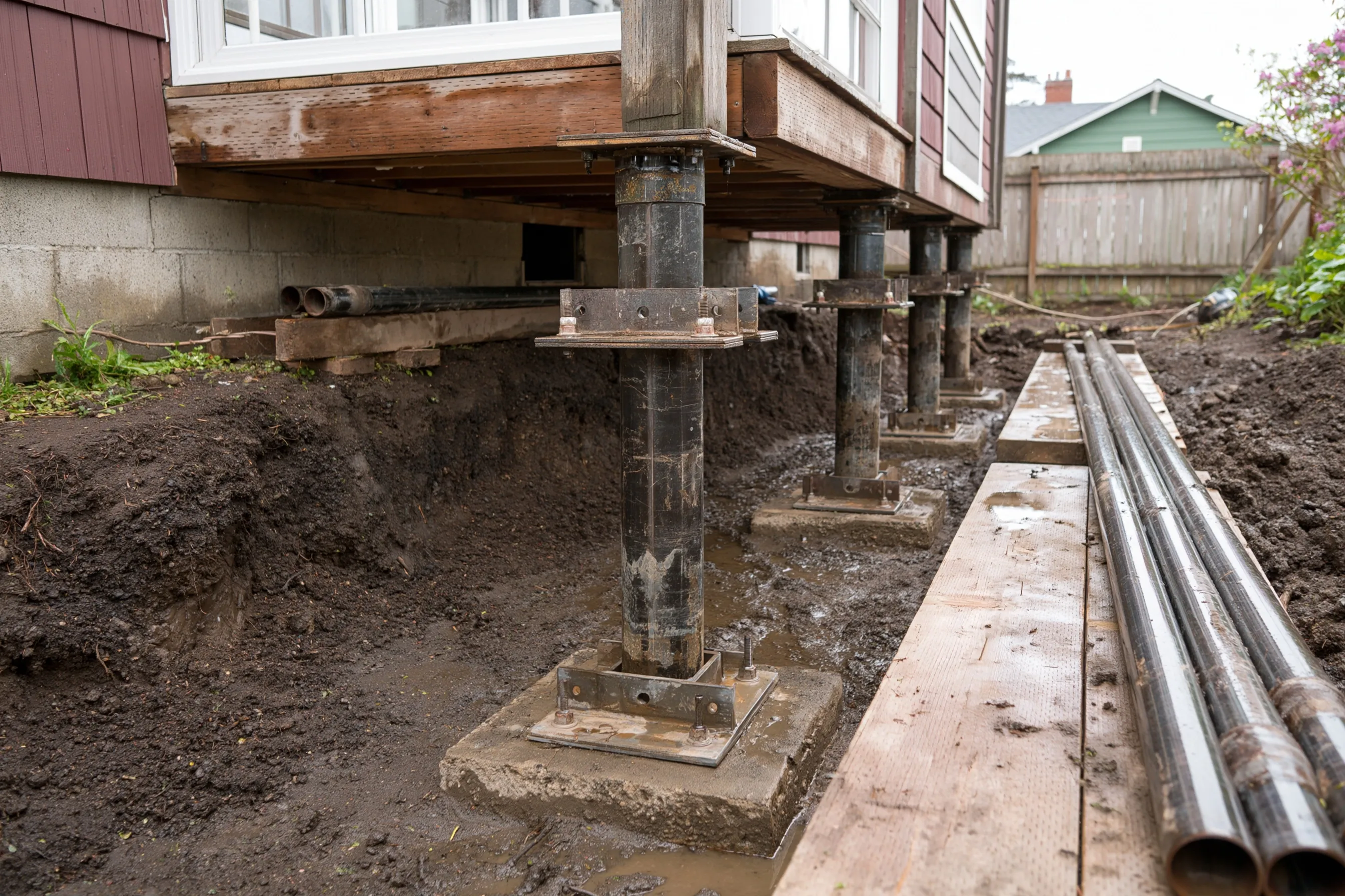 Steel pier columns on plates and concrete pads in a dug-out strip beside a block foundation wall, each carrying a bracket under the floor beam, with steel pipe lengths on planks