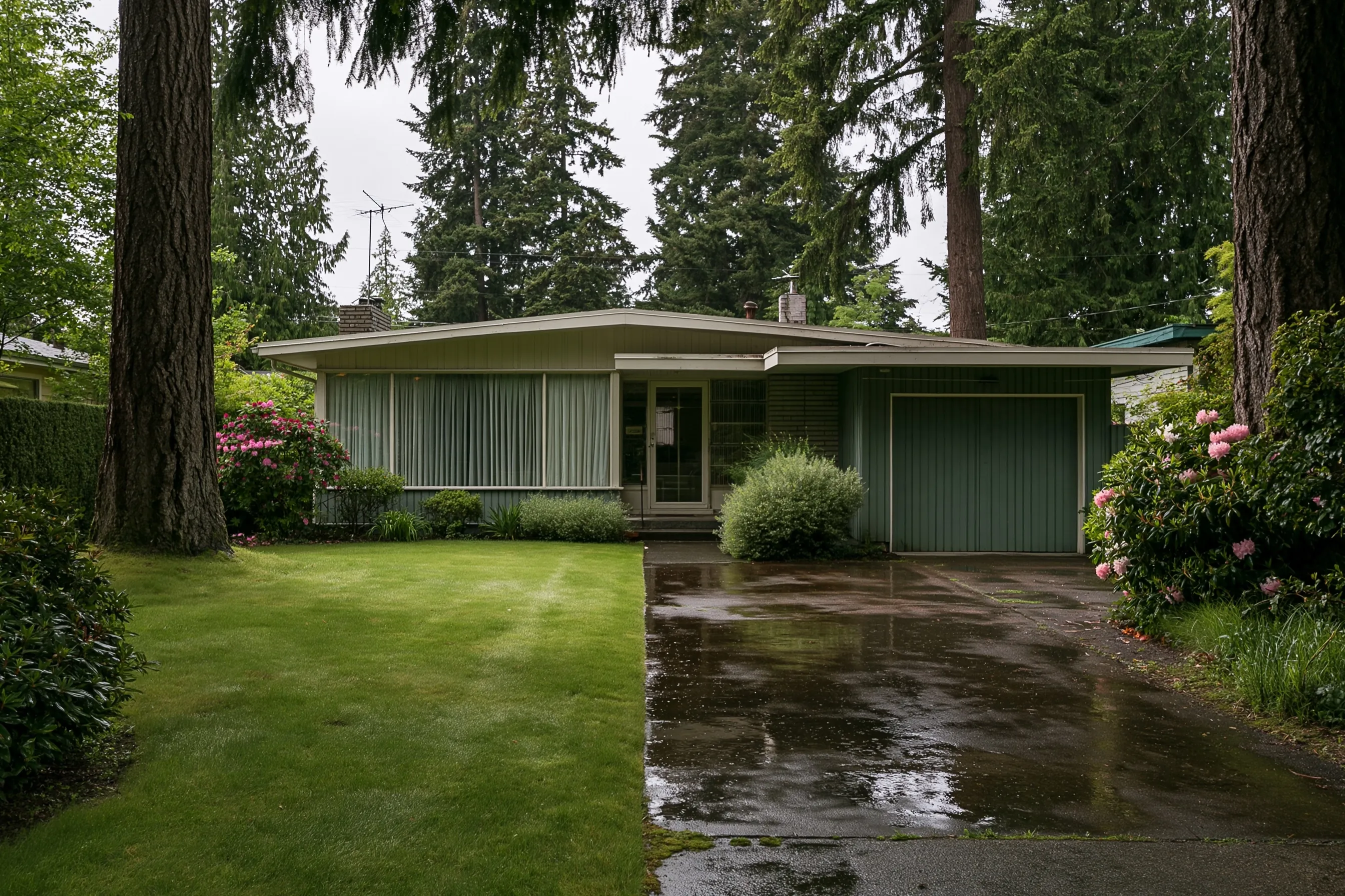 Front of a single-story rambler with a low-pitched roof and attached garage, wet lawn, mature Douglas firs and a damp driveway