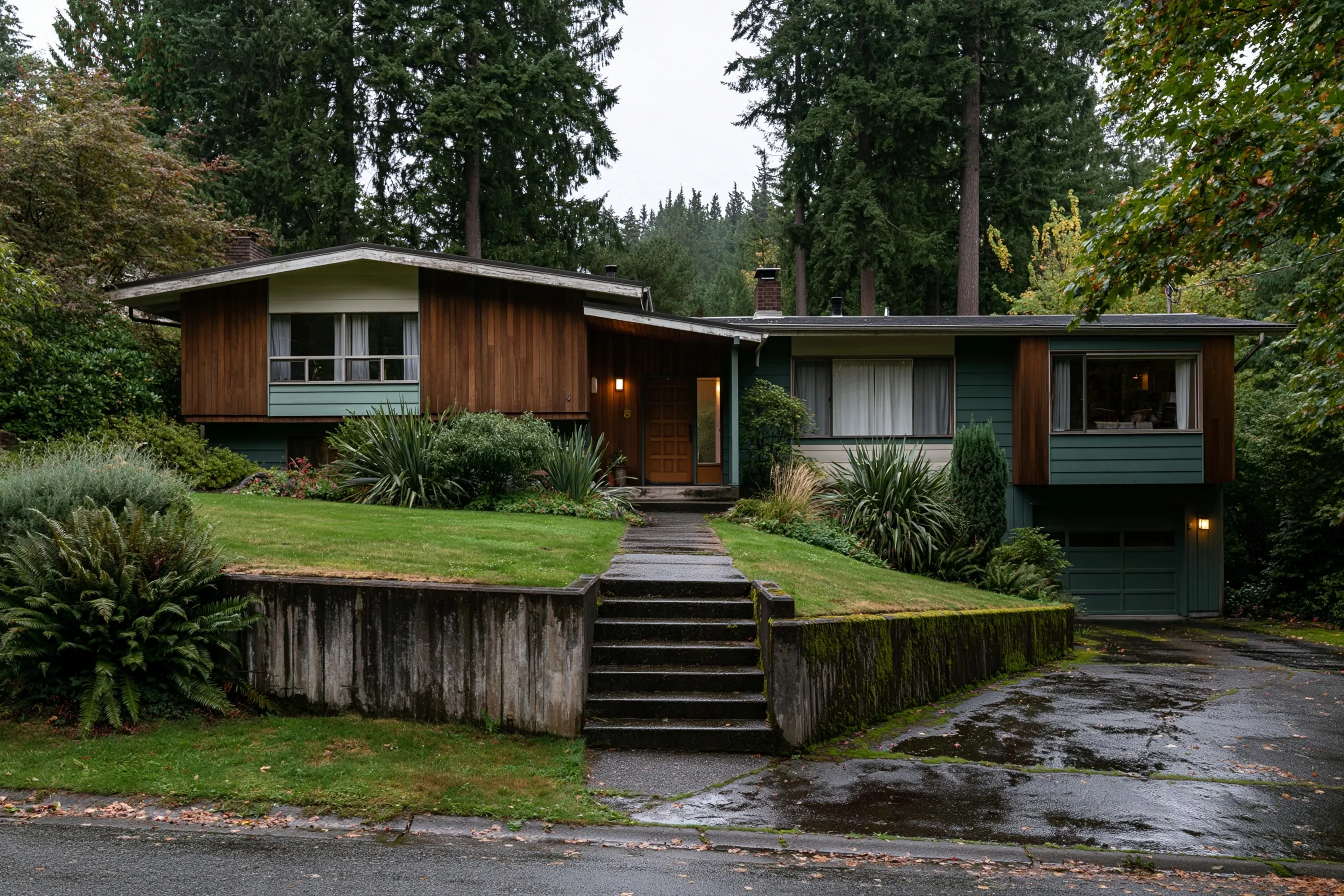 A split-level house on a sloped lot with cedar and lap siding, low retaining walls beside the entry steps, tall firs and wet lawn