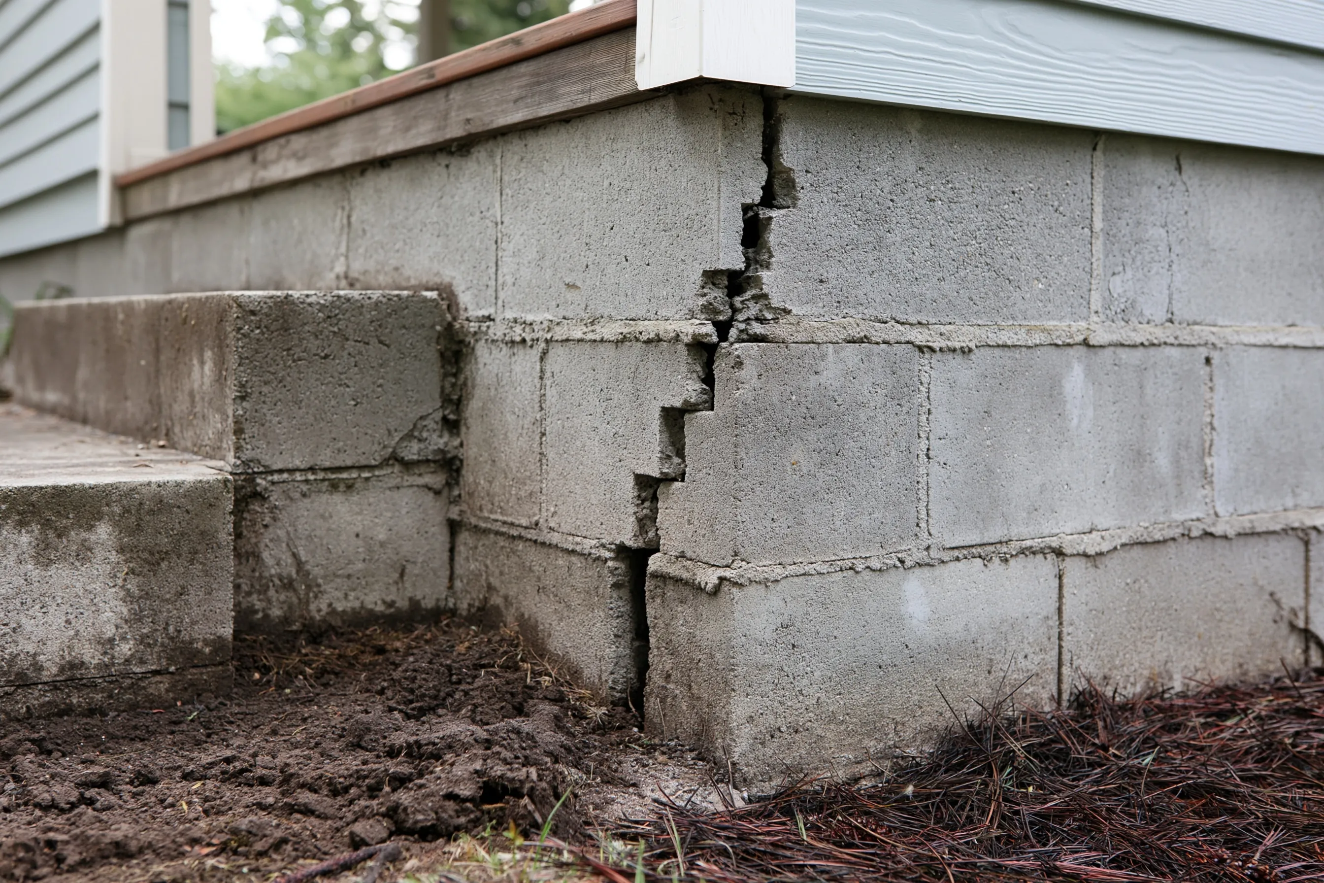 Stair-step crack through the mortar joints of a concrete block foundation wall at the corner of a house, with soil and fir needles at the base